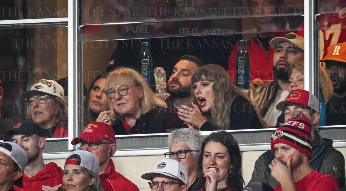 Taylor Swift cheers from a suite while sitting next to Donna Kelce during the Kansas City Chiefs vs. Tampa Bay Buccaneers game on Monday, Nov. 4, 2024, at GEHA Field at Arrowhead Stadium.
