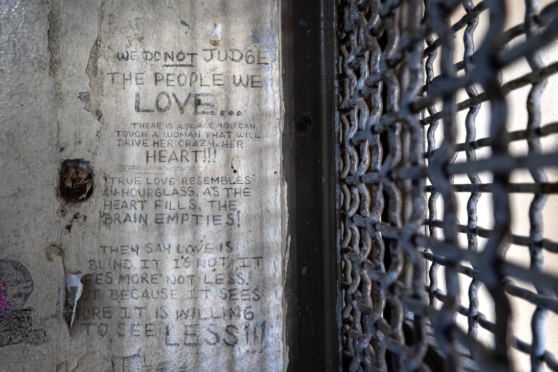Graffiti remains on the walls of cell #126 in Cell Block C, a segregated unit, at the historic Kansas State Penitentiary, also called the Lansing Correctional Facility, which closed in 2020.