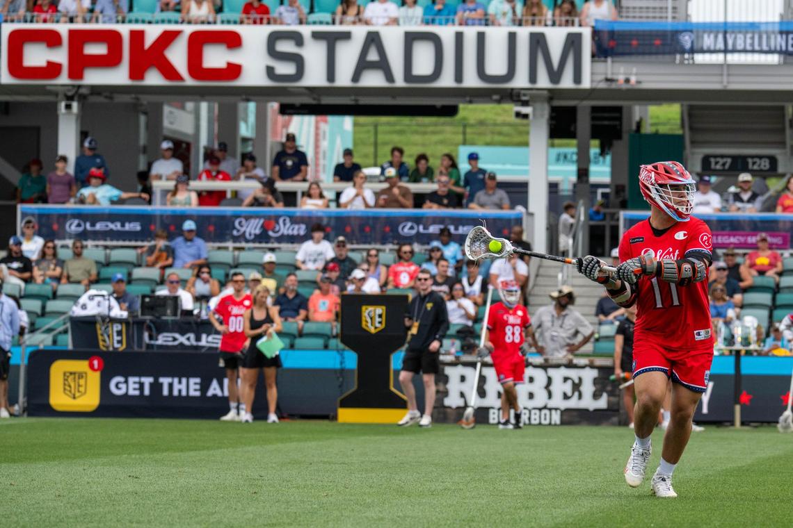 Dalton Young of Team West prepares to pass in the second quarter of the Lexus Men’s Lacrosse League All-Star Game at CPKC Stadium on Saturday, July 5, 2025.