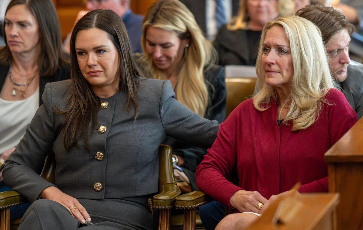 Elizabeth Phillips, executive director of the Phillips Foundation in Dallas, Texas, left, and Tammy Woods, of Kalamazoo, Michigan, hold back tears while seated during testimony from victims during a hearing for Senate Bills 589 and 590 at the Missouri Capitol on Wednesday, March 26, 2025, in Jefferson City. The proposed legislation would aim to remove the statute of limitations for child sexual abuse lawsuits and prohibit the use of non-disclosure agreements in related settlements.