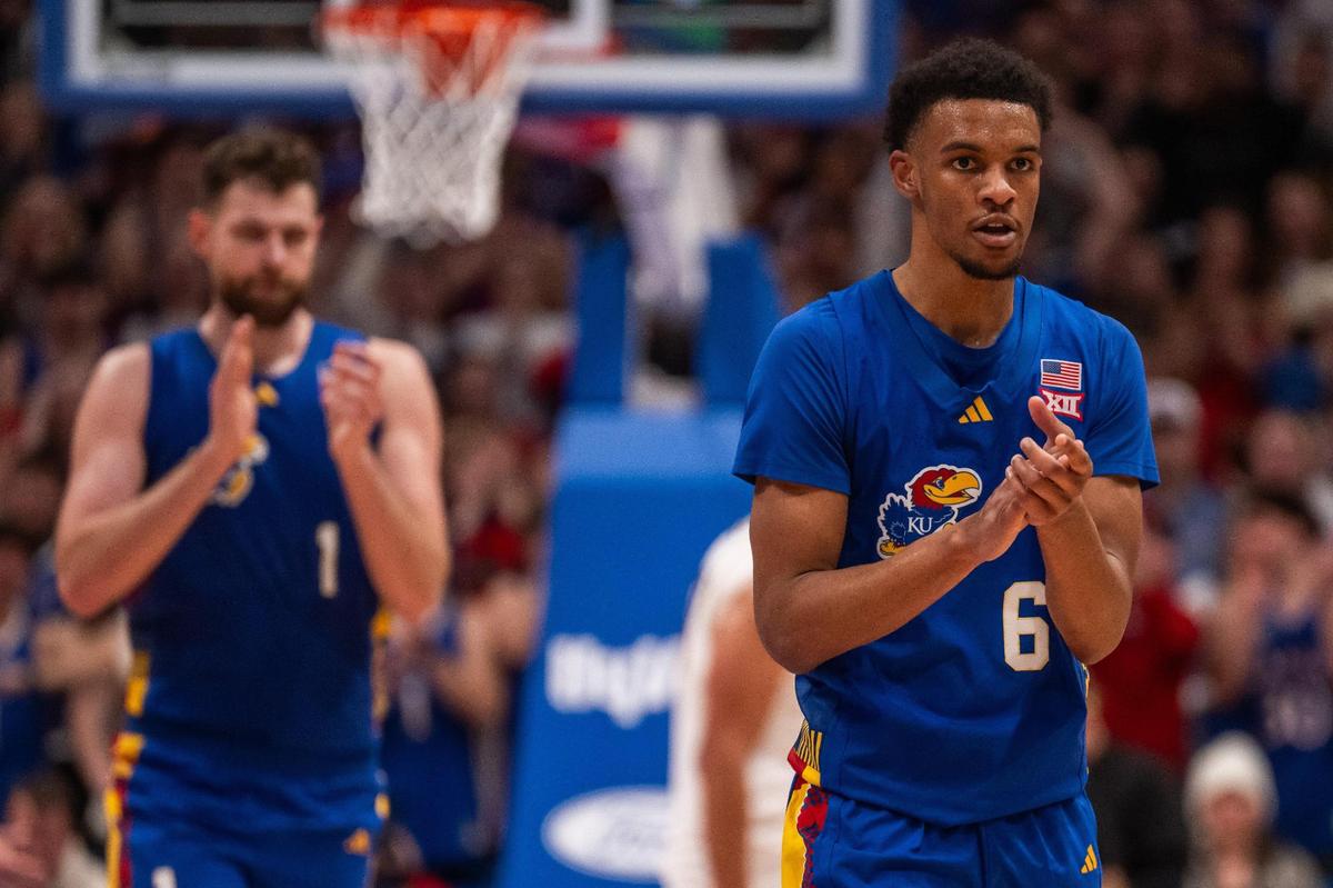 Kansas Jayhawks guard Rylan Griffen claps after a timeout is called in the second half of the game vs. the Colorado Buffaloes on Tuesday, Feb. 11, 2025, at Allen Fieldhouse.