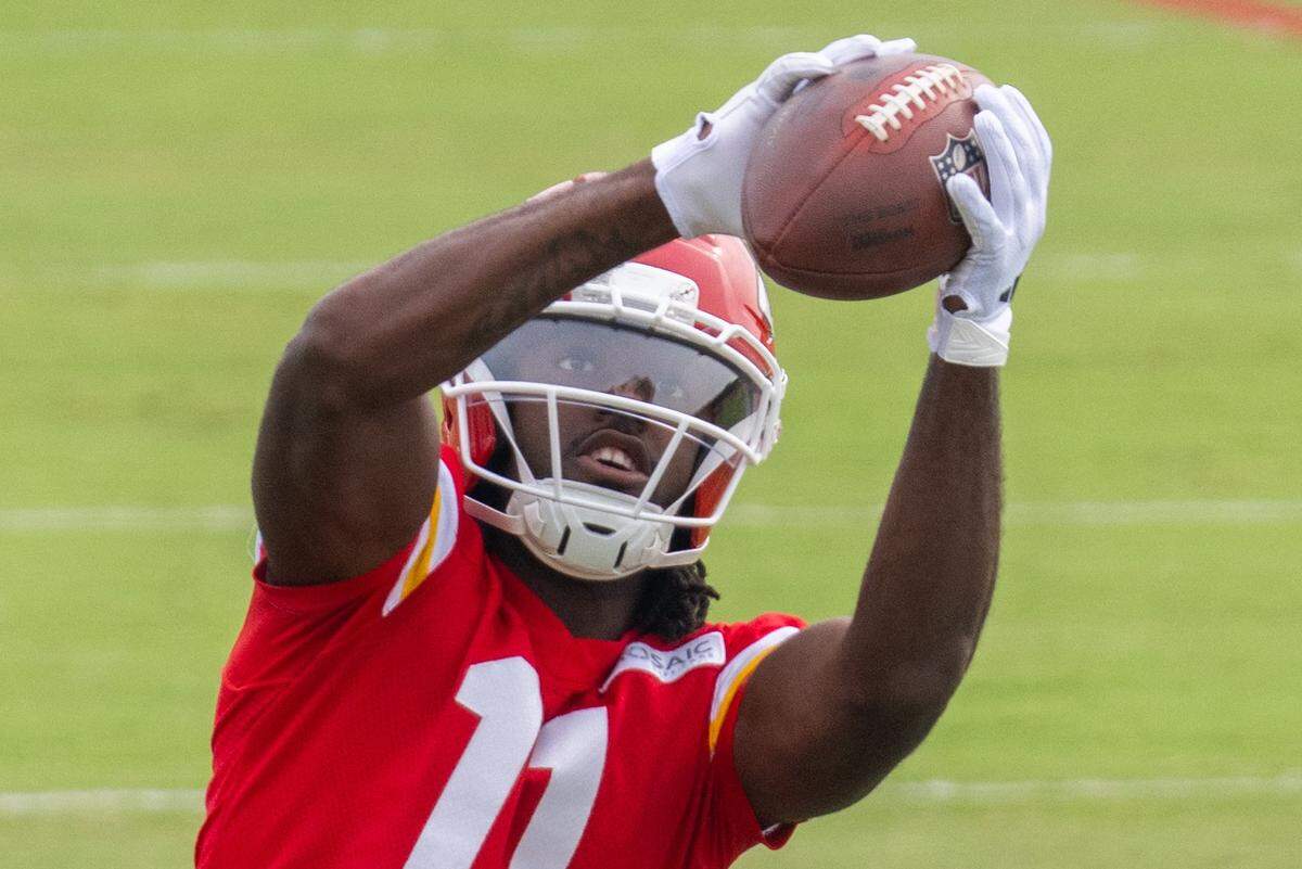 Kansas City Chiefs wide receiver Jalen Royals (11) catches a pass during practice drills at Chiefs Training Camp on Sunday, Aug. 3, 2025 in St. Joseph.