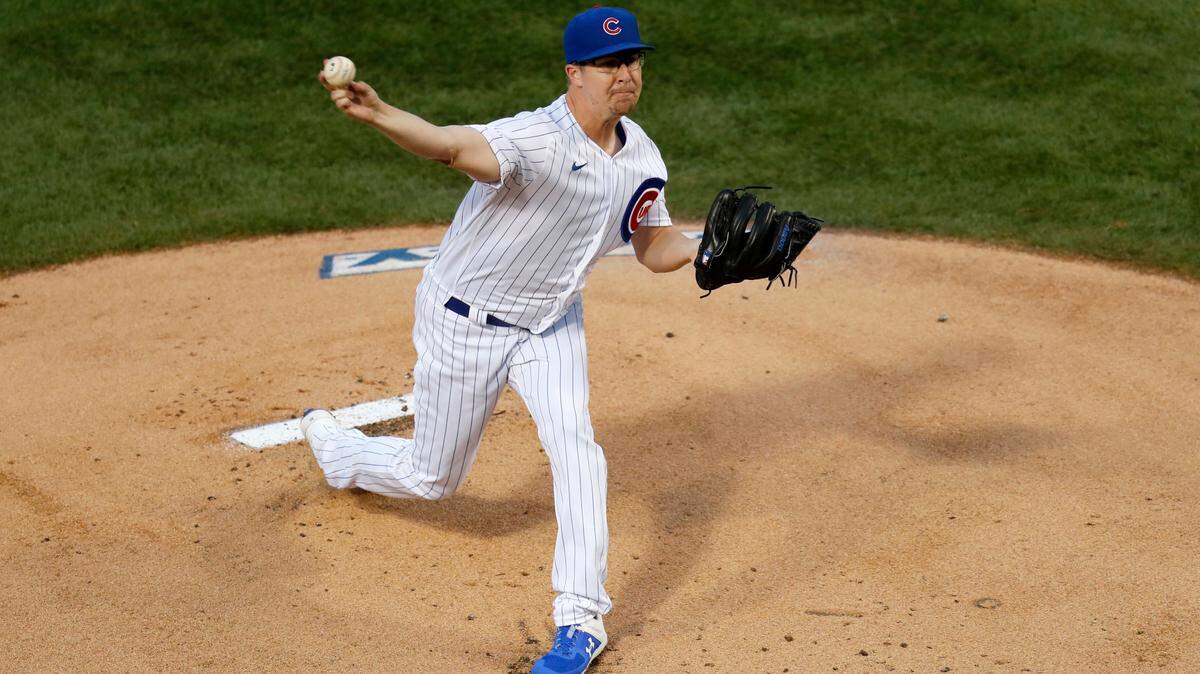 Chicago Cubs starting pitcher Alec Mills delivers during the first inning of a baseball game against the Kansas City Royals Monday, Aug. 3, 2020, in Chicago. (AP Photo/Charles Rex Arbogast)