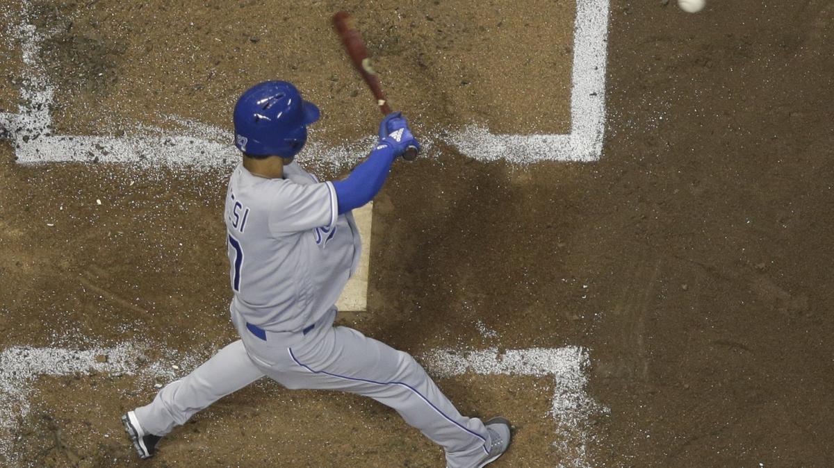 Kansas City Royals' Adalberto Mondesi hits a double during the third inning of a baseball game against the Milwaukee Brewers on Tuesday, June 26, 2018, in Milwaukee.