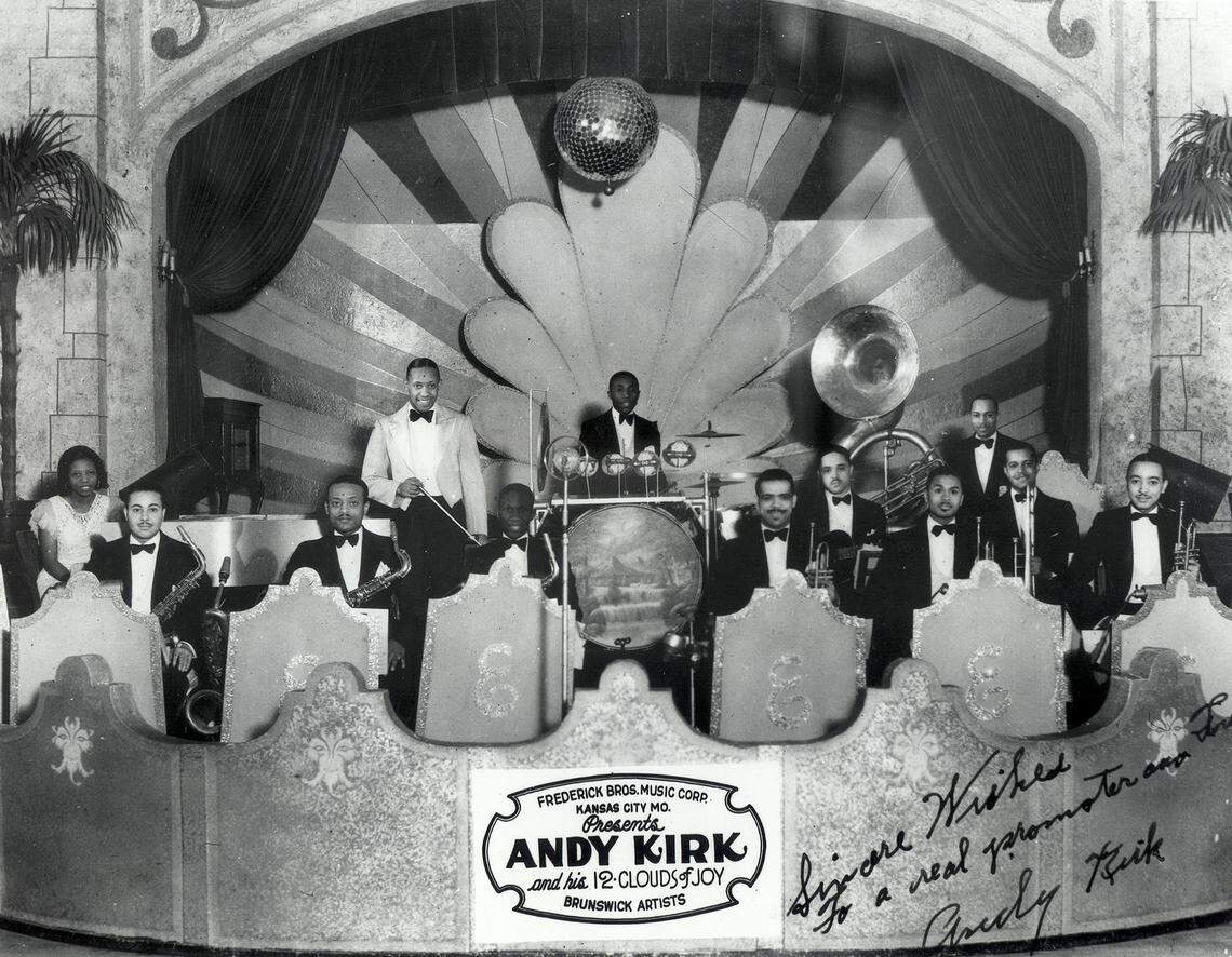 Andy Kirk and his Twelve Clouds of Joy in 1934. Jazz pianist and composer Mary Lou Williams can be seen on the far left. 