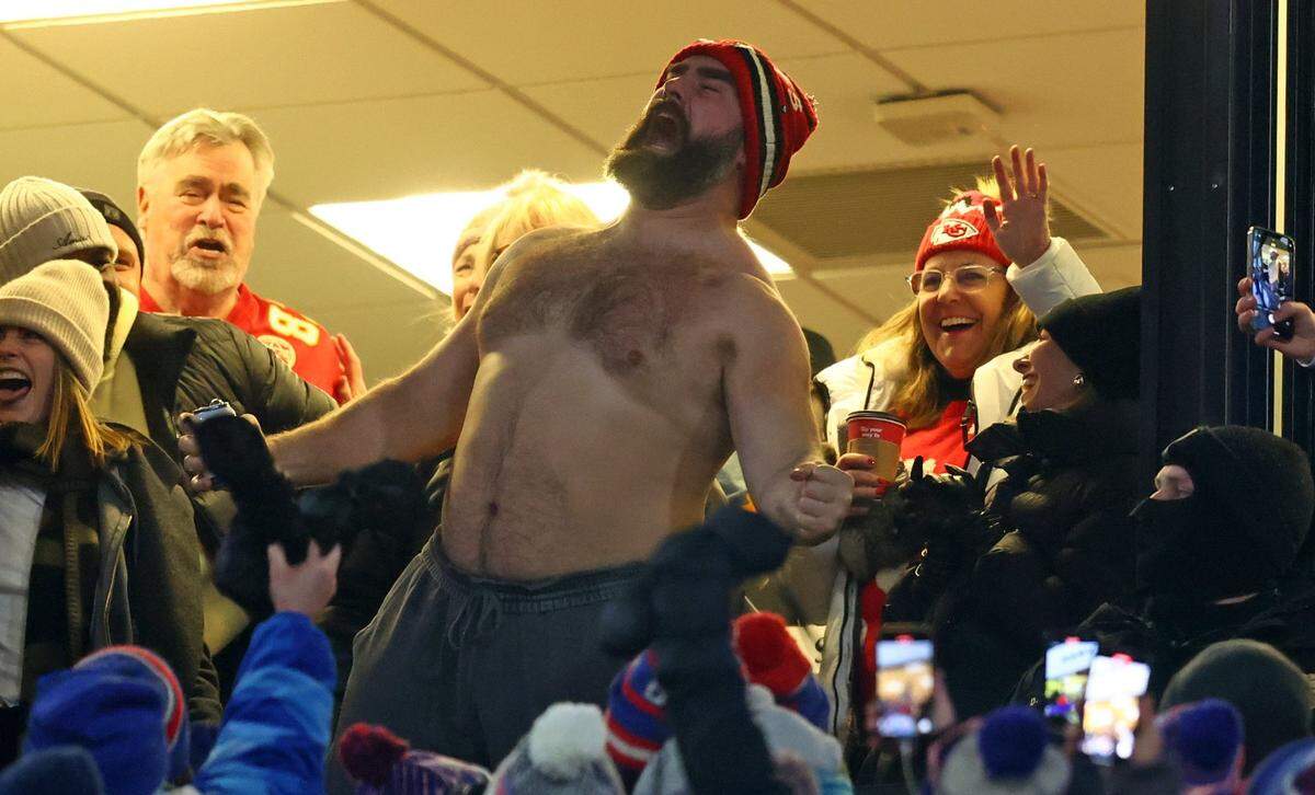 Jason Kelce reacts after the Kansas City Chiefs score against the Buffalo Bills during the first half for the 2024 AFC divisional round game at Highmark Stadium.