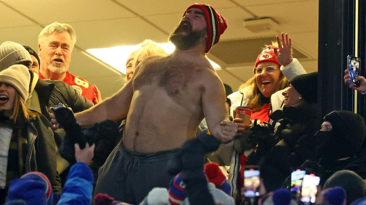 Jason Kelce reacts after the Kansas City Chiefs score against the Buffalo Bills during the first half for the 2024 AFC divisional round game at Highmark Stadium.