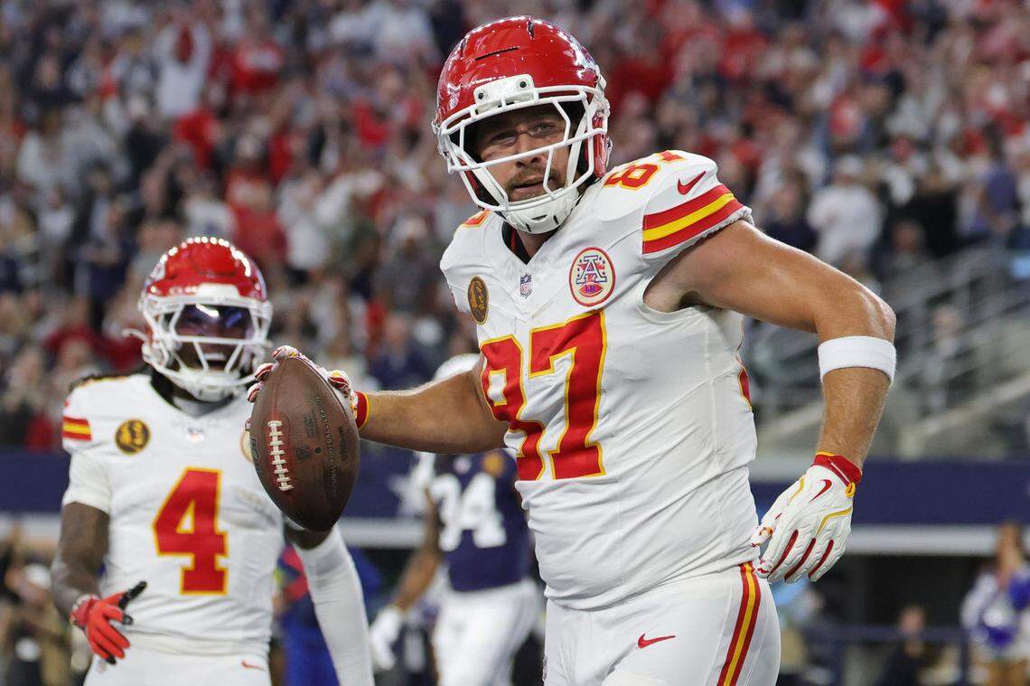 Kansas City Chiefs tight end Travis Kelce celebrates a touchdown during an NFL Week 13 Thanksgiving Day game against the Dallas Cowboys at AT&T Stadium in Arlington, Texas on Thursday, Nov. 27, 2025.