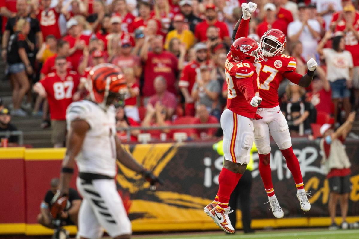 Kansas City Chiefs safety Chamarri Conner (27) and Kansas City Chiefs defensive tackle Tershawn Wharton (98) celebrate a sack during the second half of the Chiefs game vs. the Cincinnati Bengals on Sunday, Sept. 15, 2024, at GEHA Field at Arrowhead Stadium.