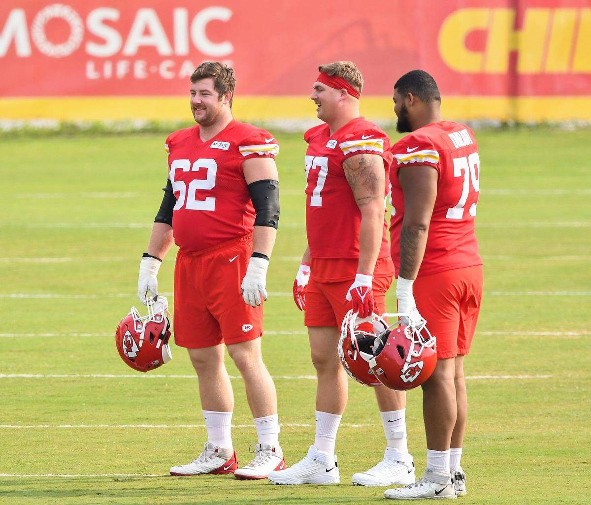 The Chiefs gave Joe Thuney (left) the largest contract for a guard in NFL history as part of the team’s effort to rebuild the offensive line, which also includes Andrew Wylie and Yasir Durant.