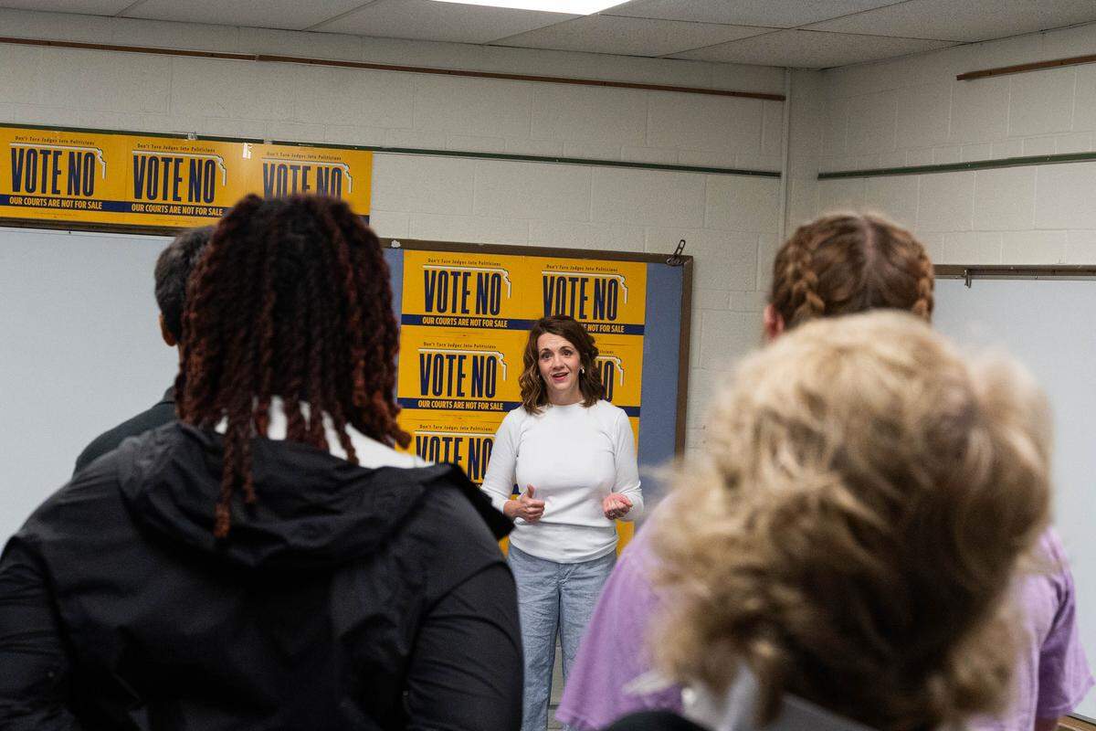 Emily Wales, the president and CEO of Planned Parenthood Great Plains Votes, speaks at a campaign launch on May 30, 2026. The campaign, called Kansas United for Impartial Courts, opposes a Republican plan to make Kansas Supreme Court justices elected.