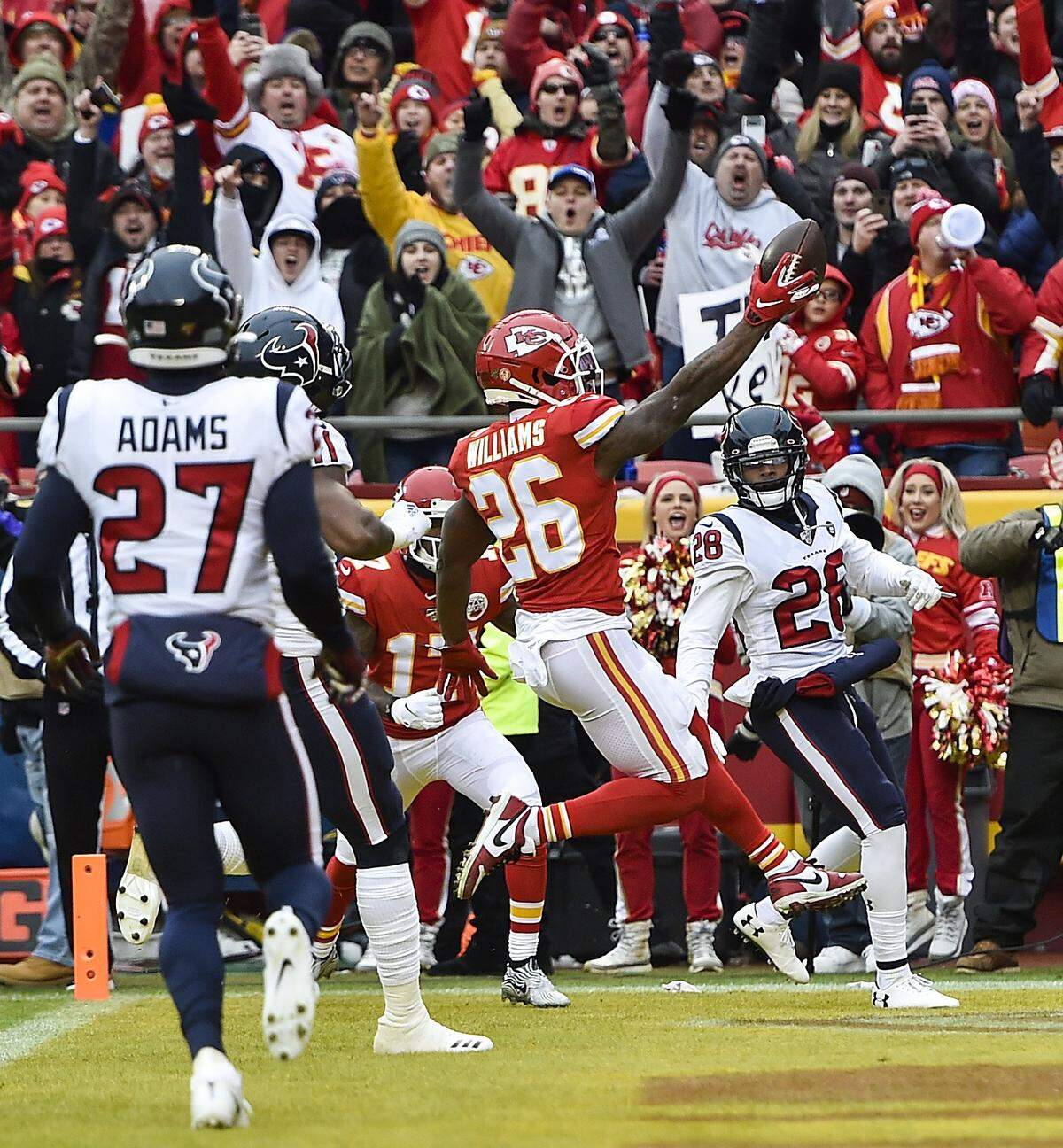 Kansas City Chiefs running back Damien Williams celebrated after running in a pass reception for the Chiefs’ first touchdown with 9:55 on the clock in the second quarter.