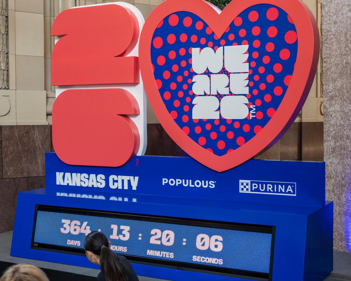 A countdown clock is revealed during the One Year To Go press conference for the FIFA World Cup at Union Station on Wednesday, June 11, 2025, in Kansas City.