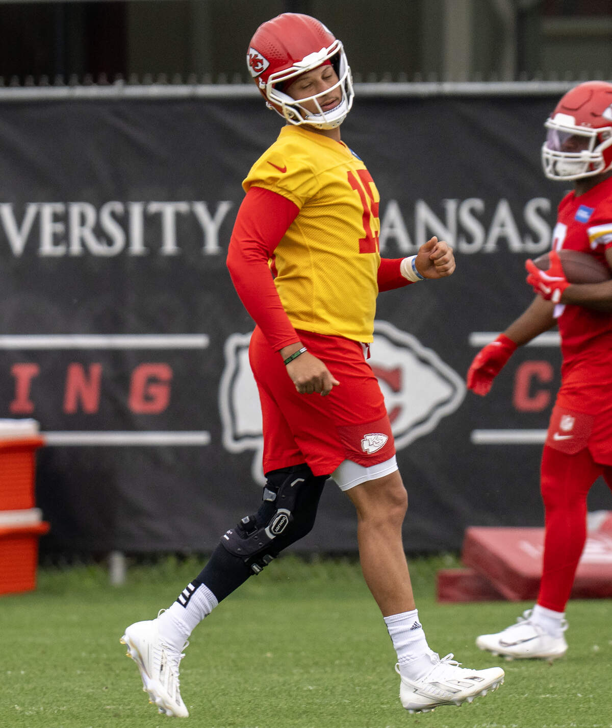 Chiefs quarterback Patrick Mahomes (15) was out on the field with his teammates during Day 2 of minicamp practice at the team’s facility in Kansas City on Wednesday, June 10, 2026.