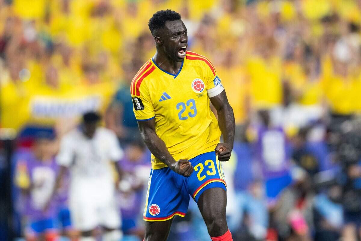 Colombia defender Davinson Sánchez (23) screams in celebration after winning a 2026 FIFA World Cup Round of 32 soccer match at Kansas City (Arrowhead) Stadium in Kansas City on Friday, July 3, 2026.