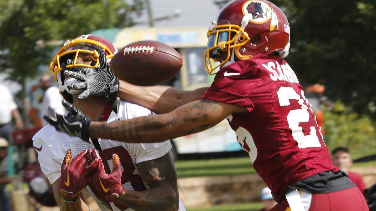 Washington cornerback Orlando Scandrick, right, breaks up a pass intended for wide receiver Josh Doctson at NFL football training camp in Richmond, Va., on July 26, 2018.