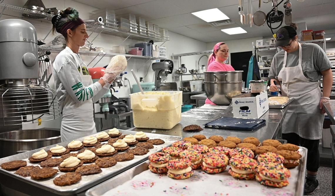 Emily Kate’s Bakery staff spent Thursday morning creating vegan oatmeal cream pies and vegan sprinkle cookie sandwiches.