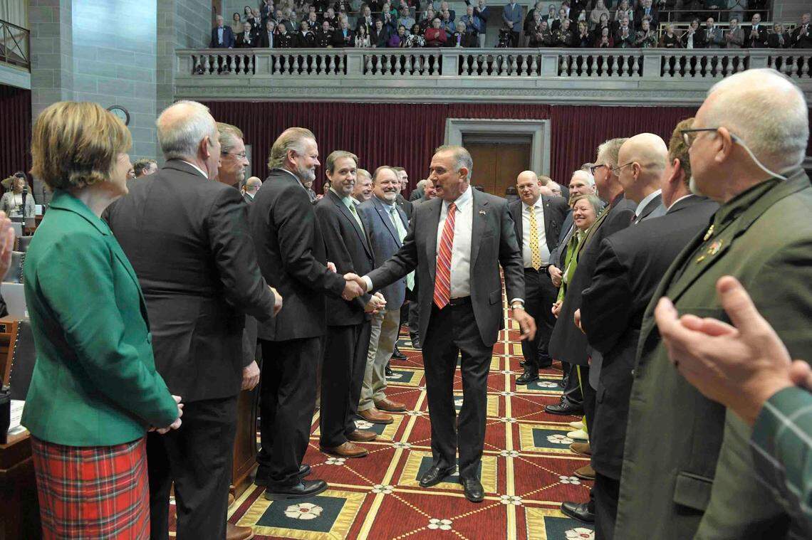 Missouri Gov. Mike Kehoe enters the House chamber ahead of his State of the State speech.
