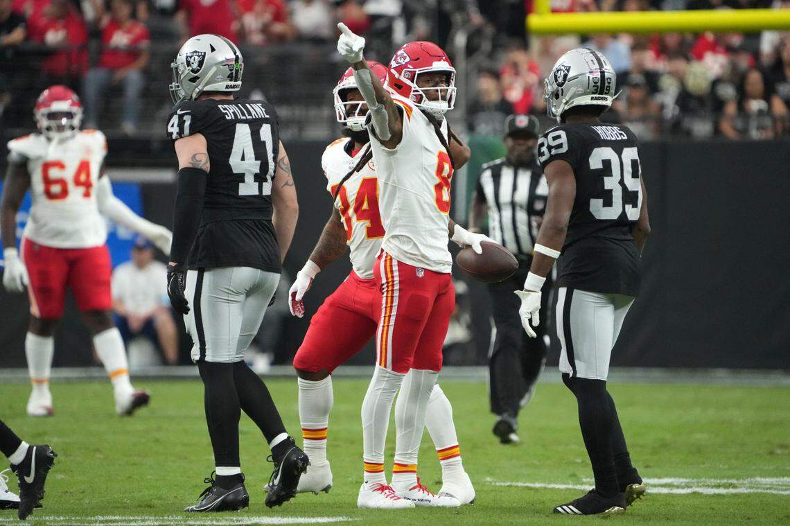 New Kansas City Chiefs wide receiver DeAndre Hopkins gestures after a first down against the Las Vegas Raiders during an Oct. 27, 2024 NFL game at Allegiant Stadium in Paradise, Nevada.