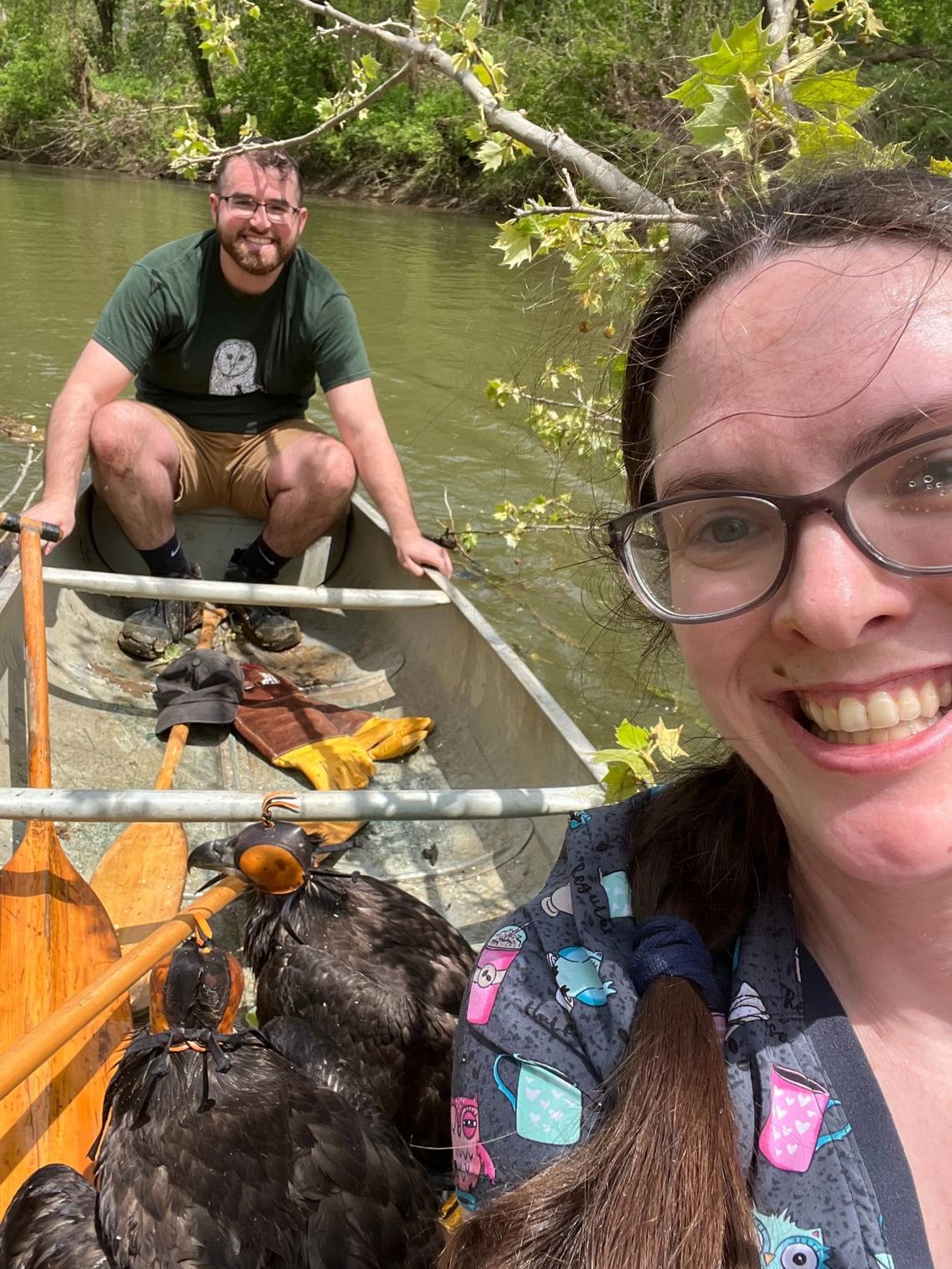 The two bald eagles rescued made it out of the fall into the river with no injuries, officials said.