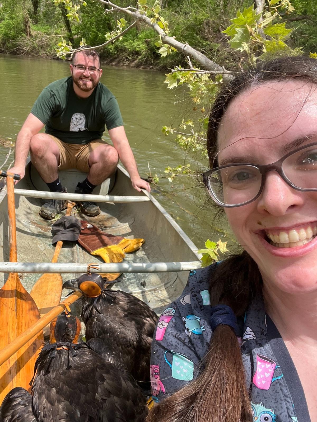 The two bald eagles rescued made it out of the fall into the river with no injuries, officials said.