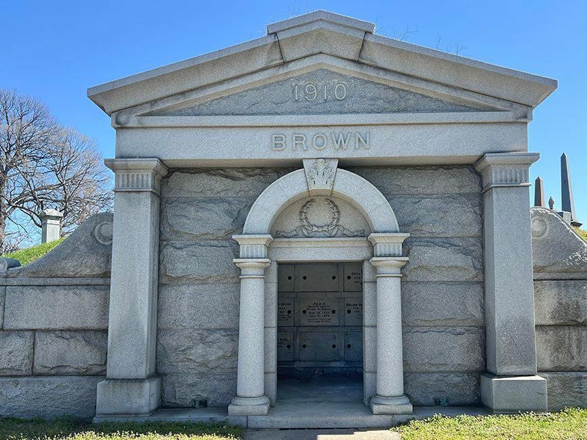 The stately 1910 Brown mausoleum is one of three mausoleums in Kansas City’s historic Elmwood Cemetery recently targeted by vandals who stole the irreplaceable bronze doors. Elmwood Cemetery, which has increased security, is offering a $500 reward for the return of each of the three sets of irreplaceable bronze doors.