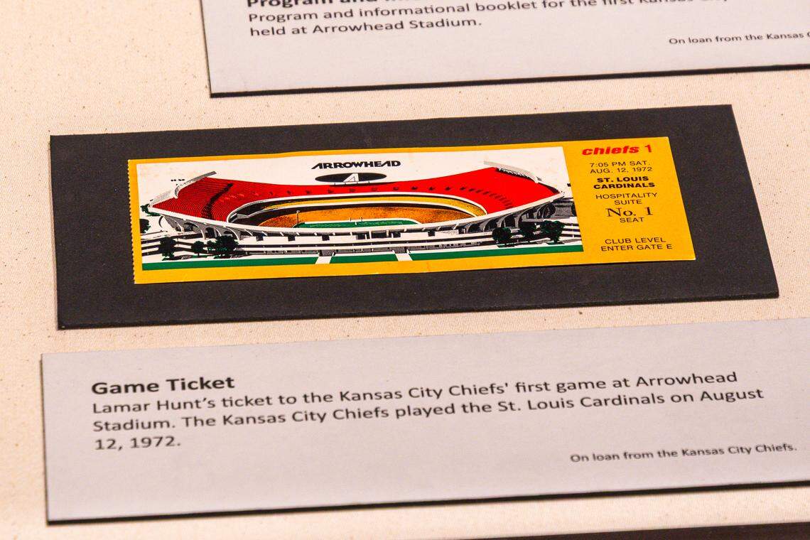 Chiefs founder Lamar Hunt’s ticket to the first Chiefs game at the newly constructed Arrowhead Stadium in Kansas City is among the items on display at the Harry S. Truman Presidential Library & Museum in Independence.