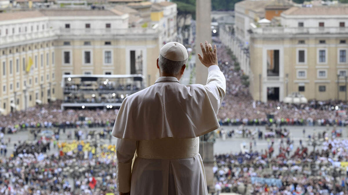 Pope Leo XIV appears at the balcony of Saint Peter's basilica for his first Regina Coeli address on May 11, 2025. Addressing the faithful gathered in St Peter's Square and countless others following from around the world he issued an appeal for peace in the world. Photo by (EV) Vatican Media/Abaca/Sipa USA