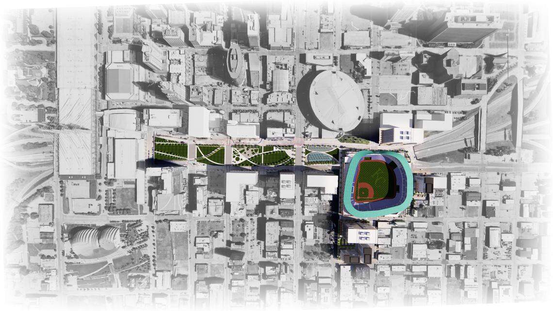 An aerial view of the proposed Crossroads Royals stadium location shows its proximity to the T-Mobile Center and the Power & Light District.