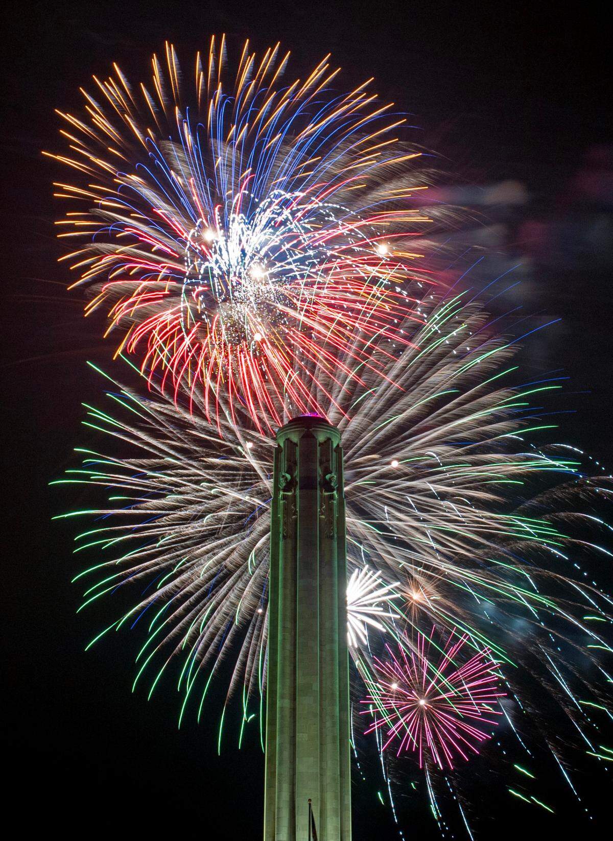 Fireworks light the sky over the National WWI Museum and Memorial during the Celebration at the Station Memorial Day event Sunday, May 25, 2025, in Kansas City.
