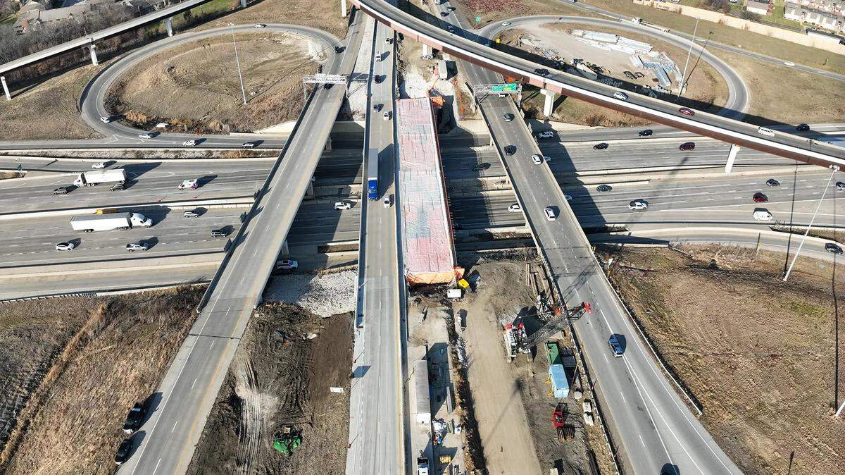 A view of construction at the Interstate 435-U.S. 69 interchange in Overland Park from January.
