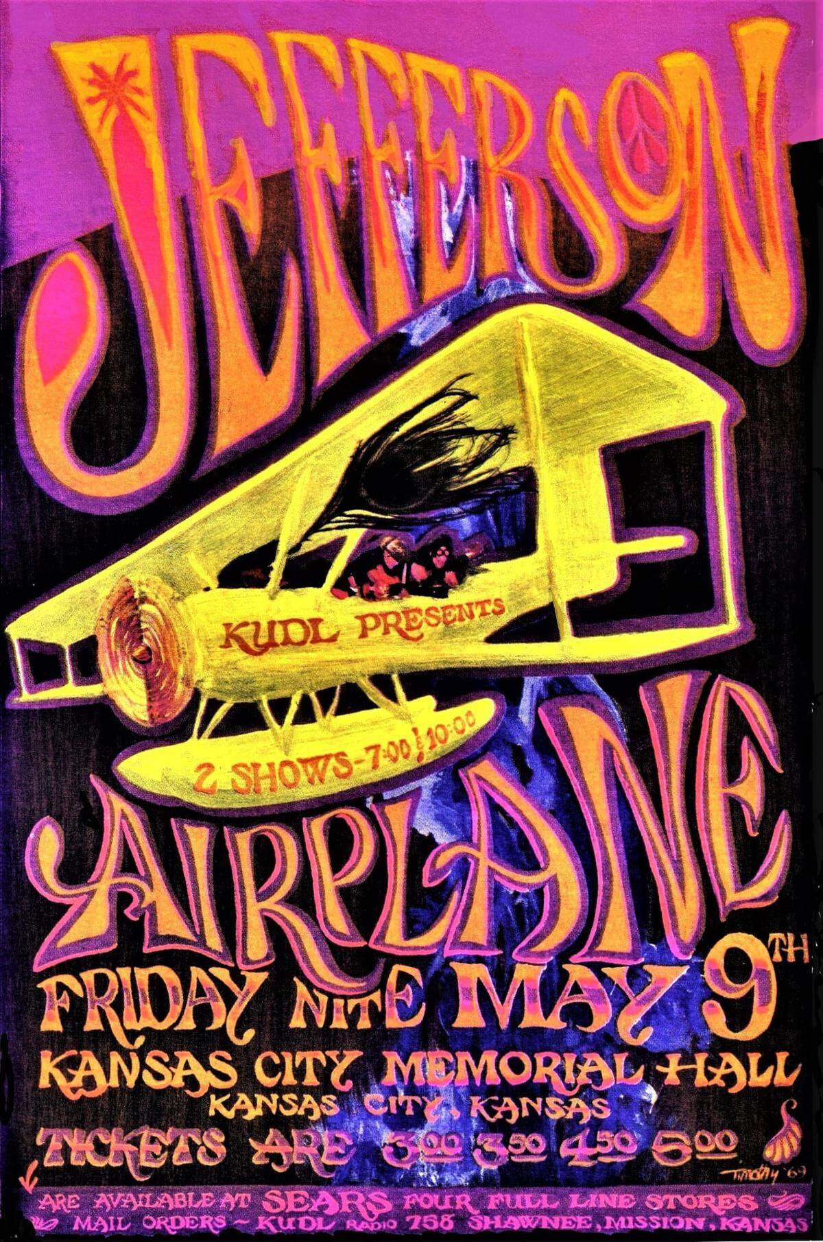 A poster advertises the Jefferson Airplane concert at Memorial Hall in Kansas City, Kansas, in 1969. Top dollar tickets for the show sold for five dollars.