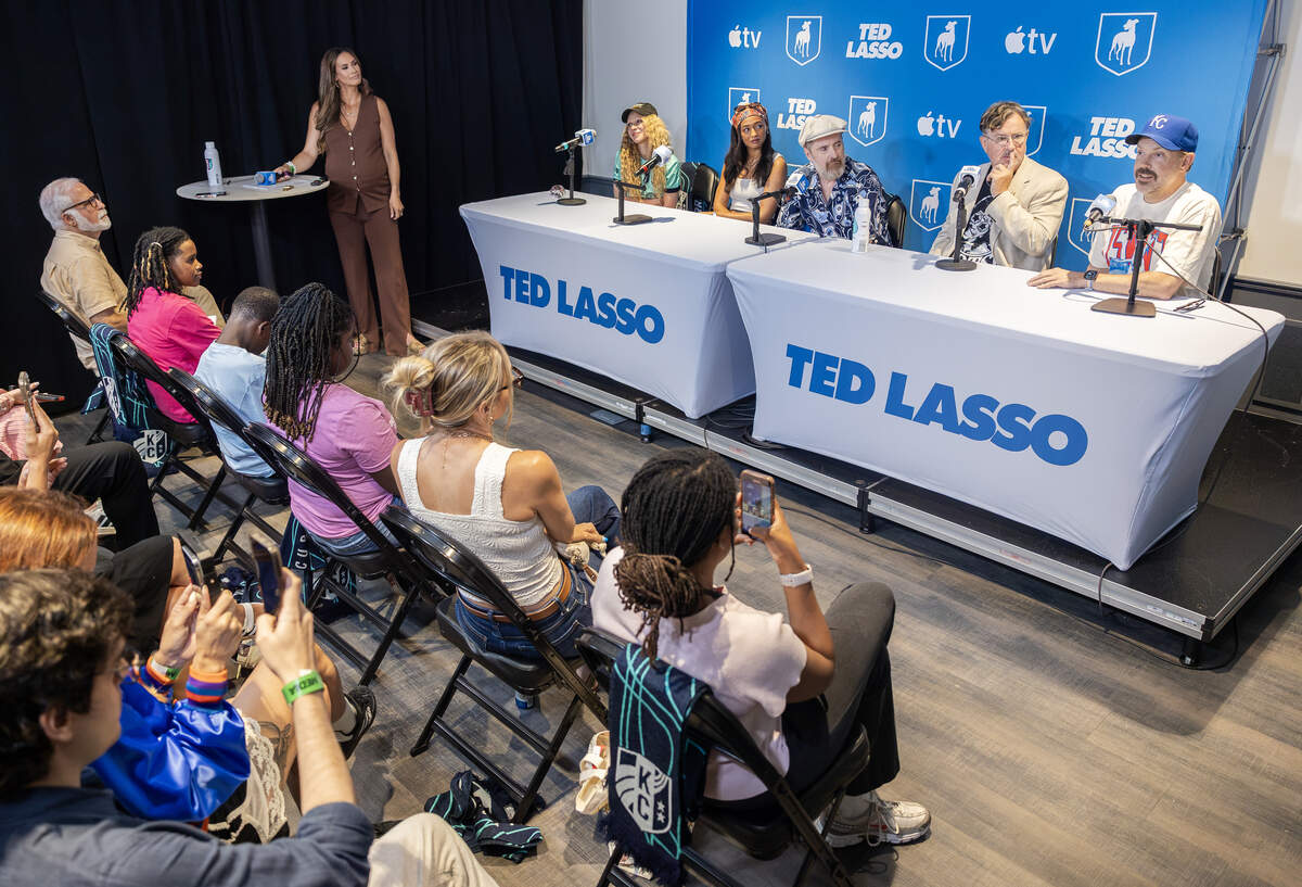 The cast of Ted Lasso season four speak at a press conference at CPKC Stadium in Kansas City on Saturday, July 11.