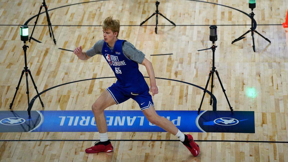 Gradey Dick of Kansas participates in the 2023 NBA Draft Combine at Wintrust Arena in Chicago on May 15, 2023.