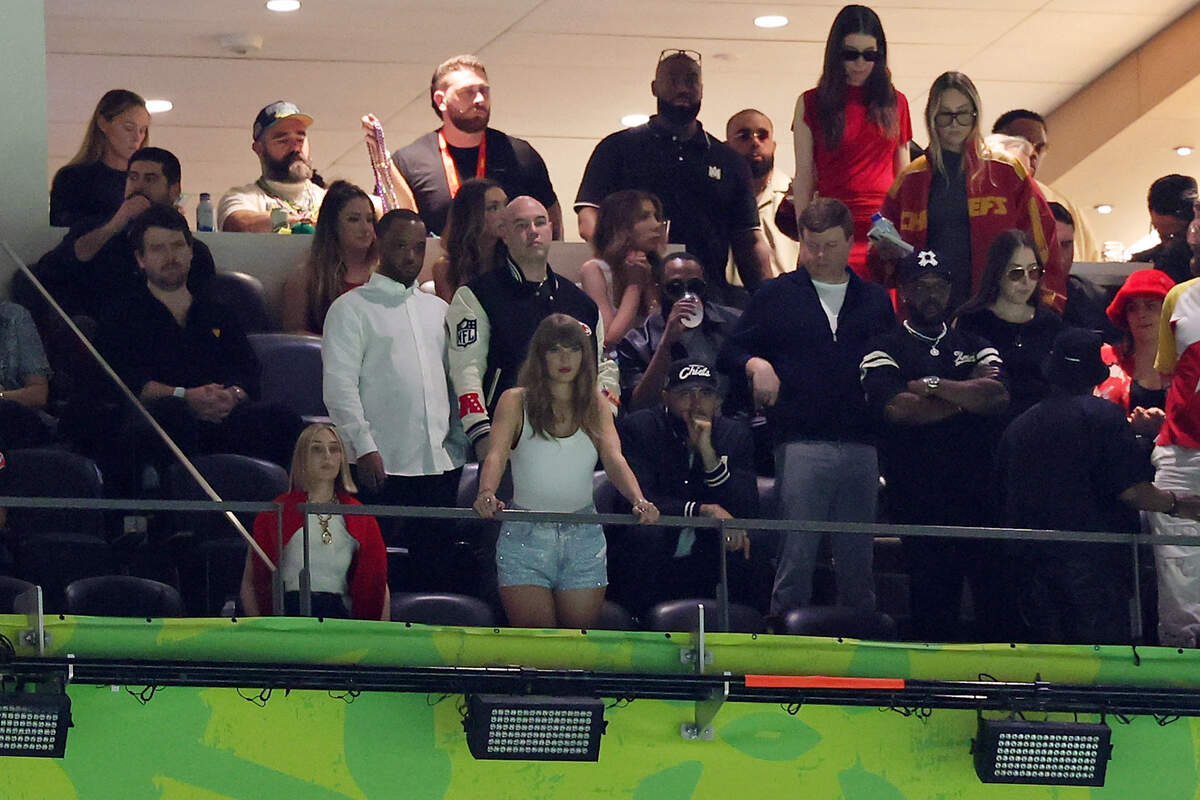 Recording artist Taylor Swift watches the first half of Super Bowl LIX between the Kansas City Chiefs and the Philadelphia Eagles at Caesars Superdome. 