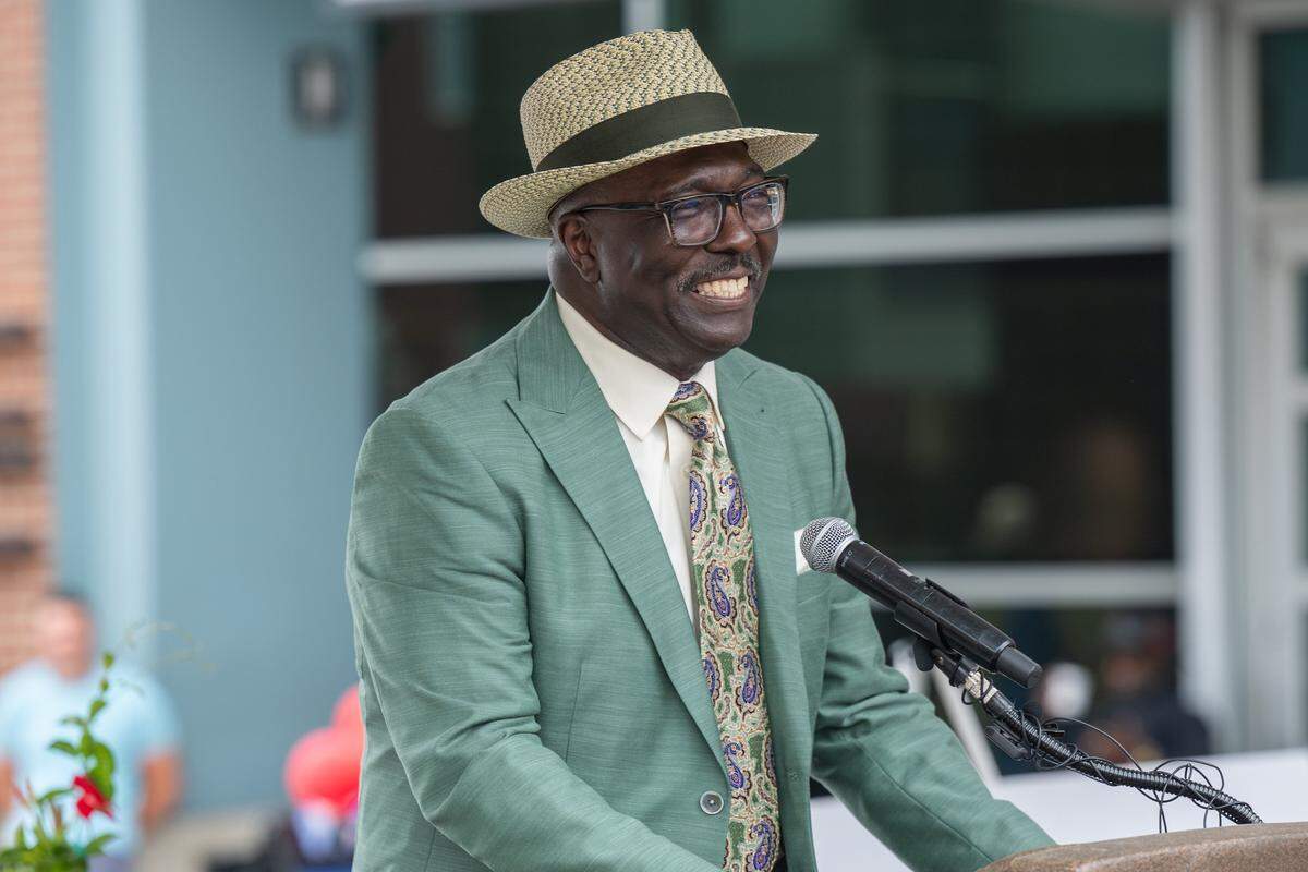 President of the Negro Leagues Baseball Museum Bob Kendrick speaks at the re-opening of the pedestrian mall in the 18th & Vine Jazz District on Wednesday, May 27, 2026, in Kansas City.