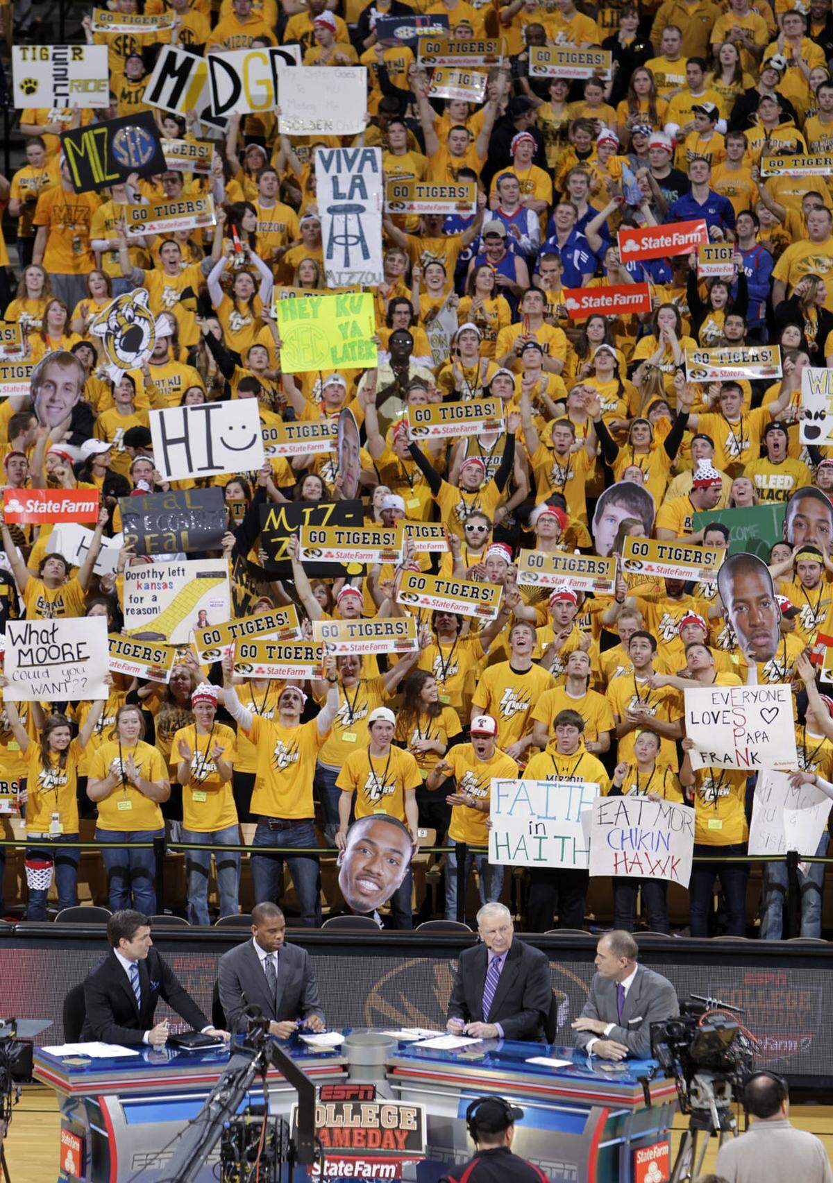 ESPN’s College GameDay came to Mizzou Arena on Feb. 4, 2012 and MU students turned out to cheer the hosts of the show: (from left) Rece Davis, Hubert Davis, Digger Phelps and Jay Bilas.