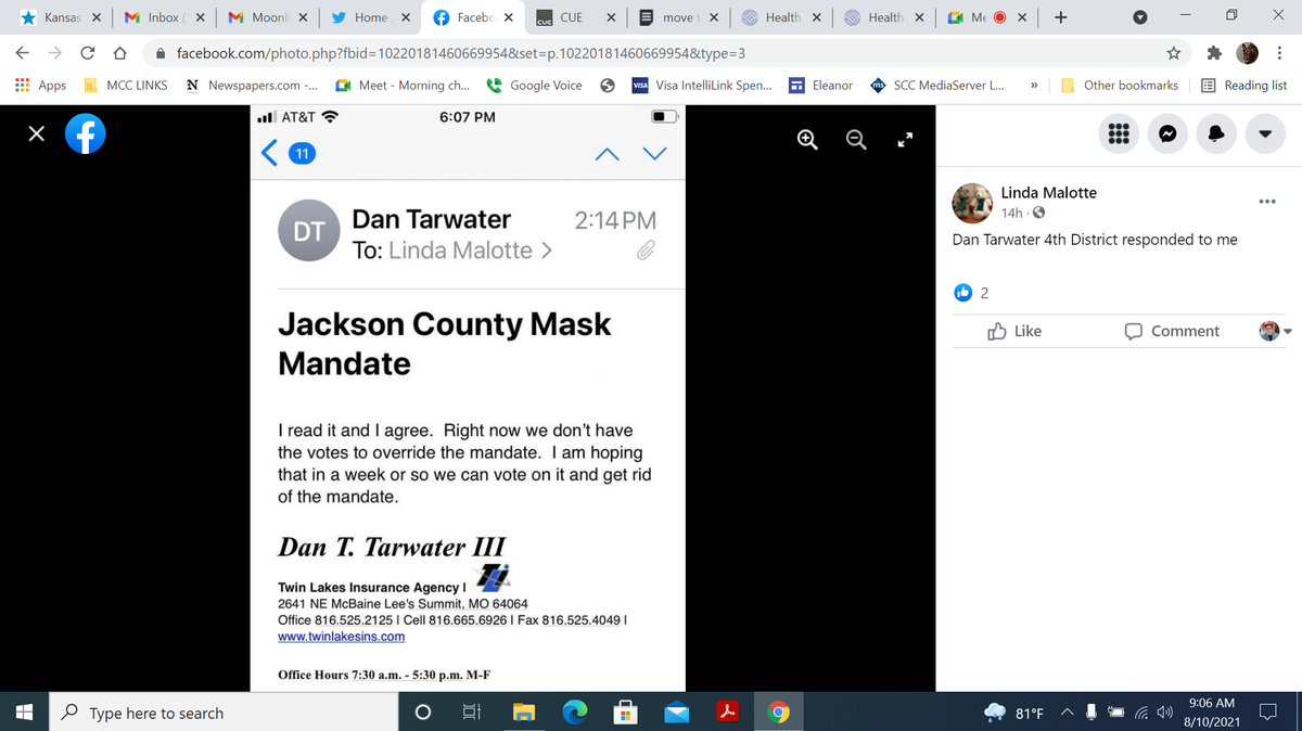 Jackson County Legislature chairman Dan Tarwater, in response to a question about the county’s new mask mandate, said he hoped the legislature can overturn it.