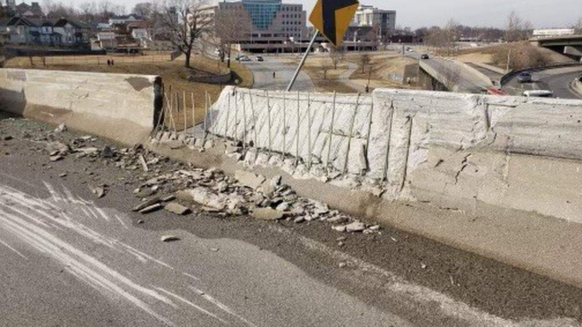 A semi rollover crash damaged a bridge on Interstate 70 in Kansas City, Kansas, on Friday, Jan. 29.