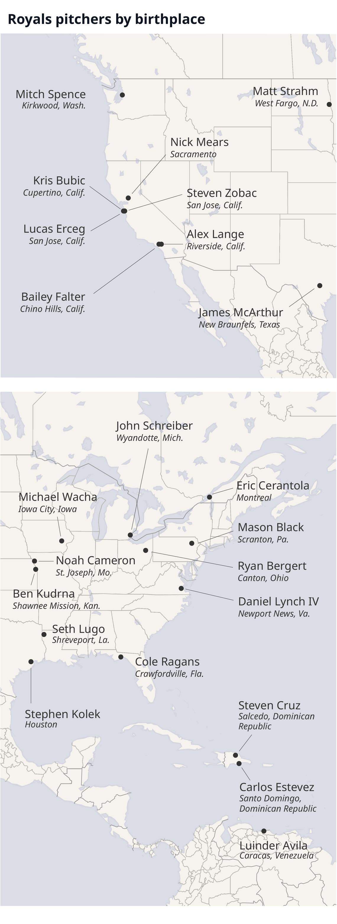 A map showing the birthplaces of current Royals pitchers.