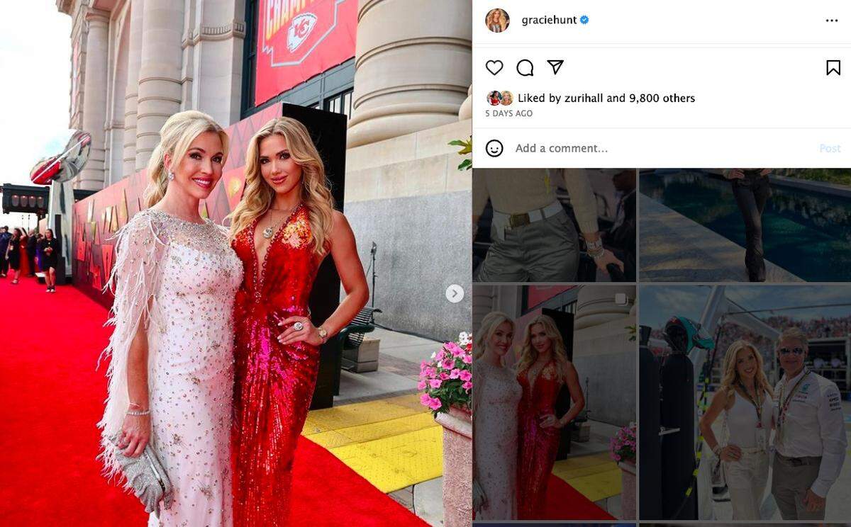 Gracie Hunt and her mother, Tavia Hunt, at the Super Bowl ring party at Kansas City’s Union Station. The family left for South Africa after the event.