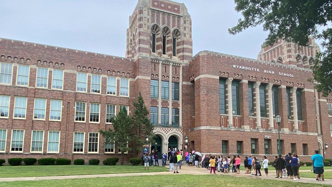 Students were outside Wyandotte High School, 2501 Minnesota Ave., in August after the building was locked down because of a reported weapon on campus.