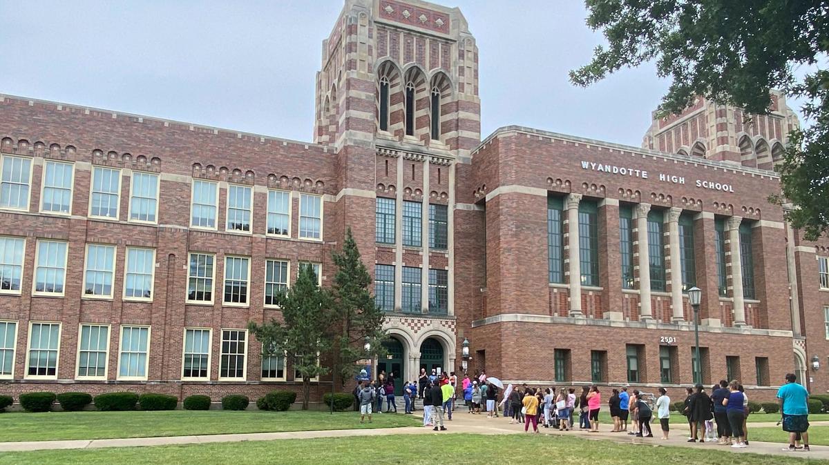 Students were outside Wyandotte High School, 2501 Minnesota Ave., Friday after the building was locked down following a report of a weapon on campus.