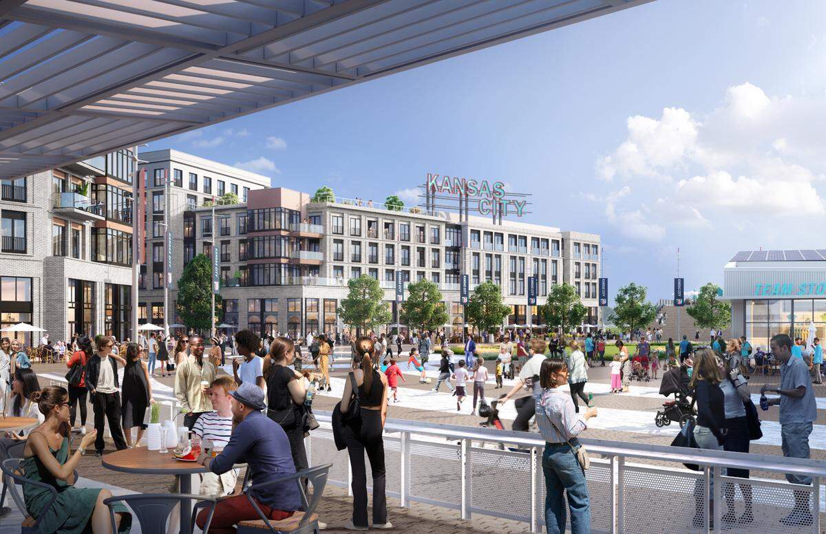 Here’s a rendering of planned mixed-use development adjacent to the new CPKC Stadium along the Missouri River frontage near downtown.