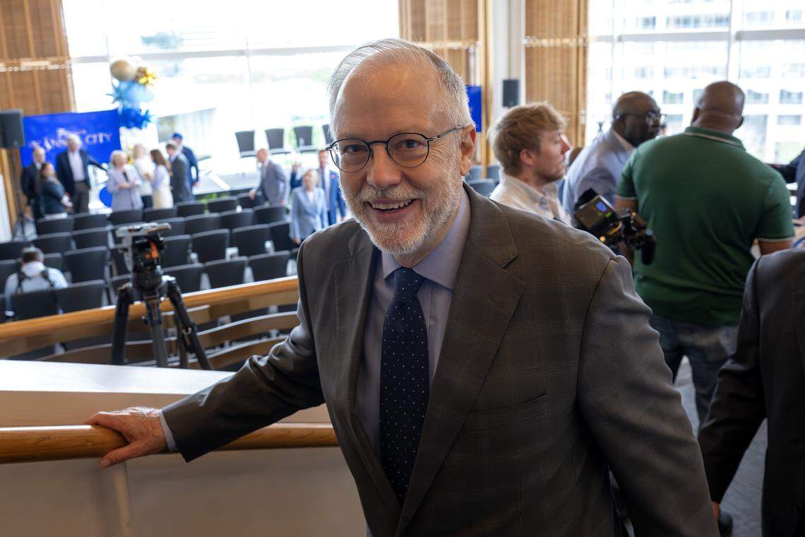 Donald J. Hall Jr., executive chairman and former CEO of Hallmark Cards, smiles while walking up the stairs during a ceremony announcing the Kansas City Royals' move to Crown Center on Wednesday, April 22, 2026, in Kansas City.