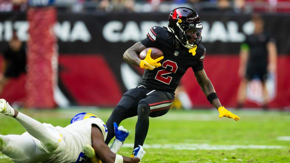 Nov 26, 2023; Glendale, Arizona, USA; Arizona Cardinals wide receiver Marquise Brown (2) against the Los Angeles Rams at State Farm Stadium. Mandatory Credit: Mark J. Rebilas-USA TODAY Sports