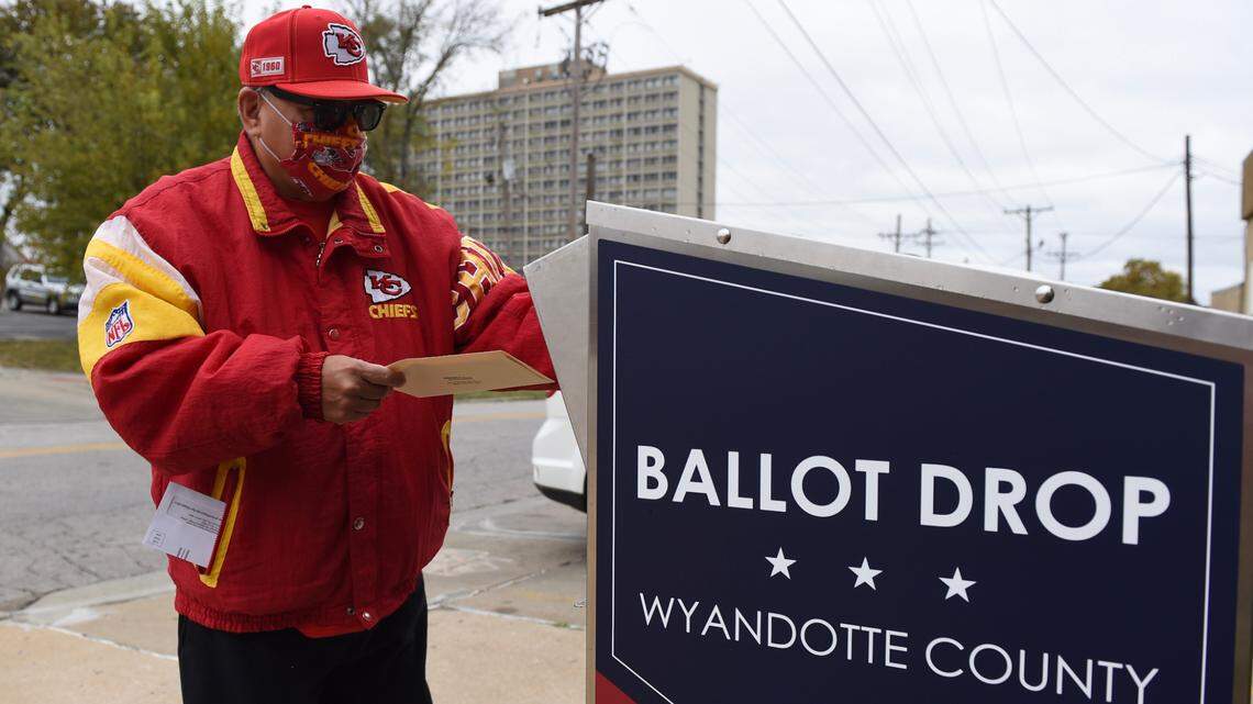 Joseph Valdivia Jr. of Kansas City, Kansas, drops off his advance ballot outside Wyandotte County Election Office 850 State Ave last October.