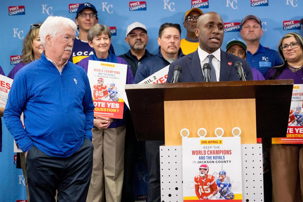 Kansas City Mayor Quinton Lucas, flanked by Royals owner John Sherman, endorses the Royals and Chiefs stadium projects on Saturday, March 30, 2024, in Kansas City.