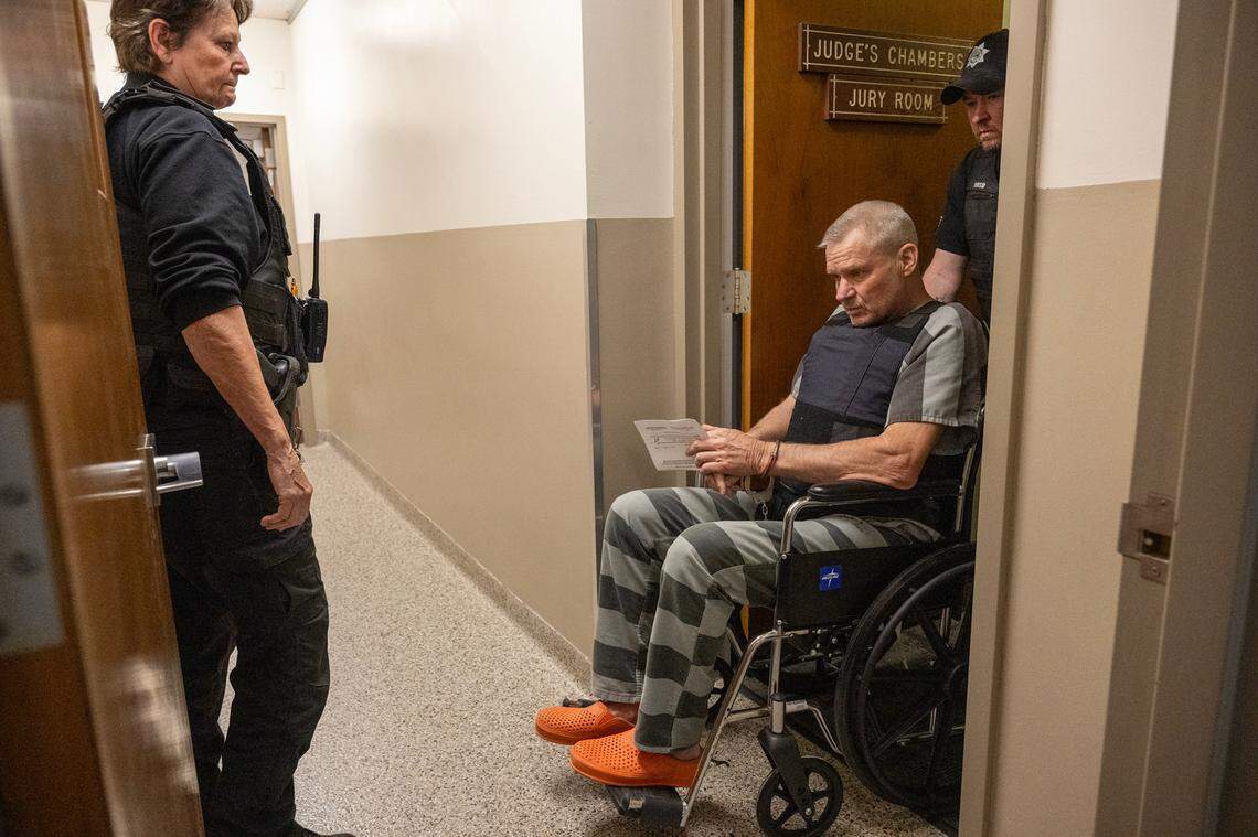 Suspect Gary Hermesch of Tulsa, Oklahoma, was escorted from the Nemaha County Courthouse on Friday.