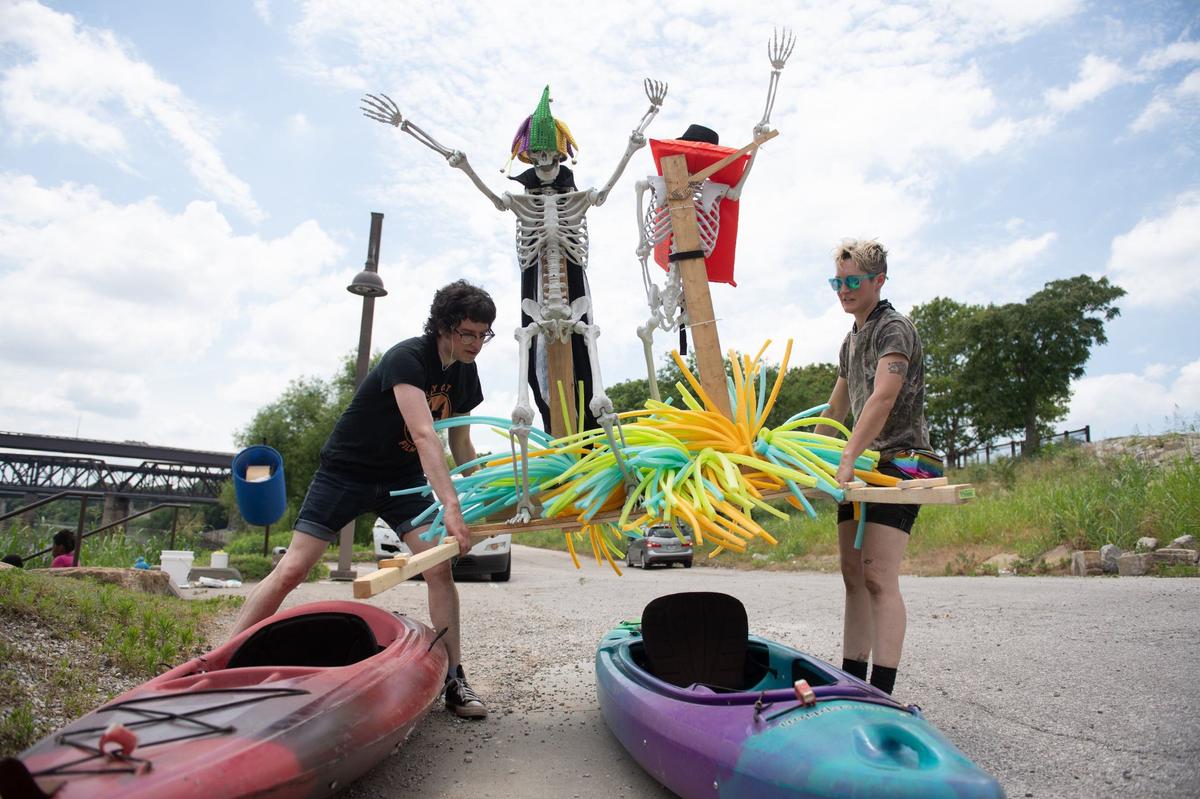 A skeleton themed boat is readied for launch in the Kawsmouth River Carnival boat parade Saturday at Kaw Point Park in Kansas City, Kansas.